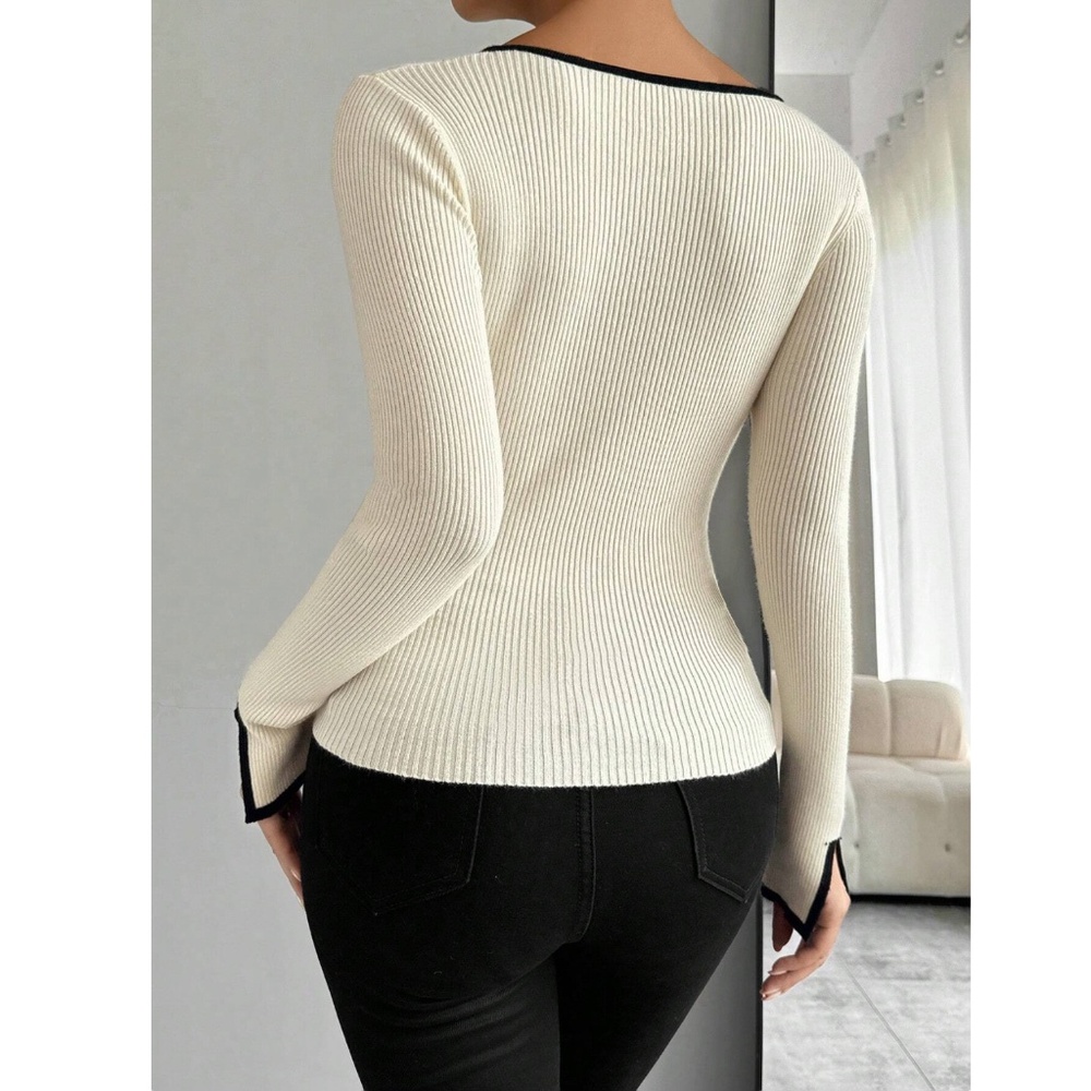 Beige Rib Knit Light Sweater Top Contrast Trim Fitted Slim Long Sleeve - Picture 4 of 7